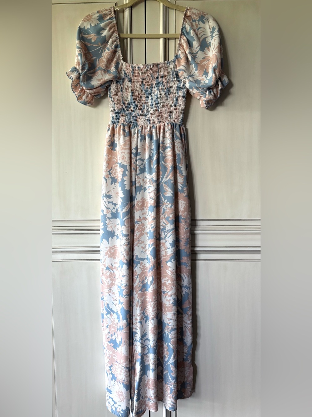 Kori America Floral Smocked Puff Sleeve Wide Leg Jumpsuit Blue Pink M NEW